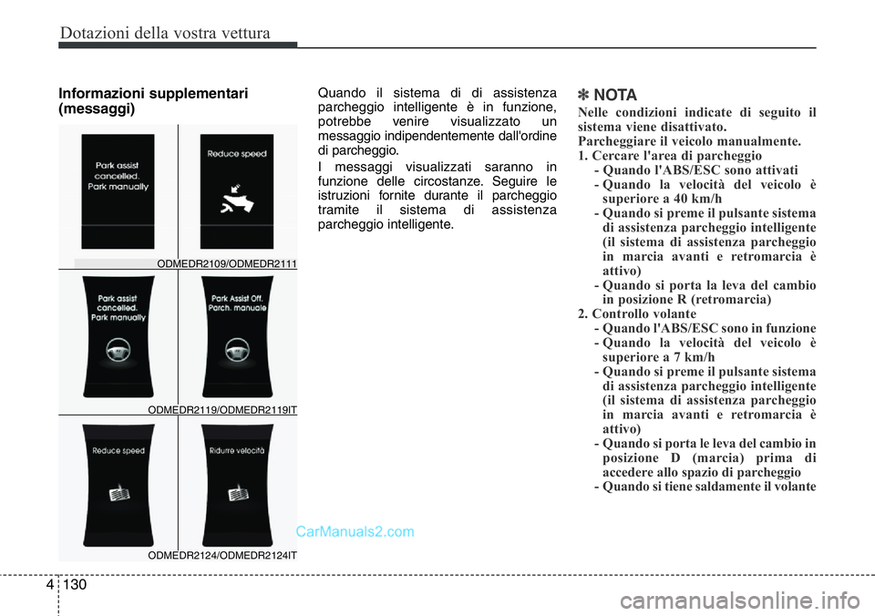 Hyundai Santa Fe 2015 Manuale del proprietario (in Italian) Dotazioni della vostra vettura
130 4
Informazioni supplementari
(messaggi)Quando il sistema di di assistenza
parcheggio intelligente è in funzione,
potrebbe venire visualizzato un
messaggio indipende Hyundai Santa Fe 2015 Manuale del proprietario (in Italian) Dotazioni della vostra vettura
130 4
Informazioni supplementari
(messaggi)Quando il sistema di di assistenza
parcheggio intelligente è in funzione,
potrebbe venire visualizzato un
messaggio indipende