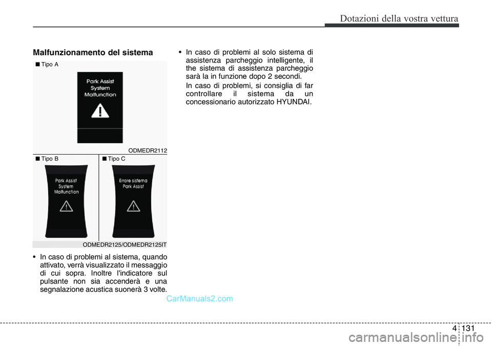 Hyundai Santa Fe 2015 Manuale del proprietario (in Italian) 4 131
Dotazioni della vostra vettura
Malfunzionamento del sistema
• In caso di problemi al sistema, quando
attivato, verrà visualizzato il messaggio
di cui sopra. Inoltre l'indicatore sul
pulsa Hyundai Santa Fe 2015 Manuale del proprietario (in Italian) 4 131
Dotazioni della vostra vettura
Malfunzionamento del sistema
• In caso di problemi al sistema, quando
attivato, verrà visualizzato il messaggio
di cui sopra. Inoltre l'indicatore sul
pulsa