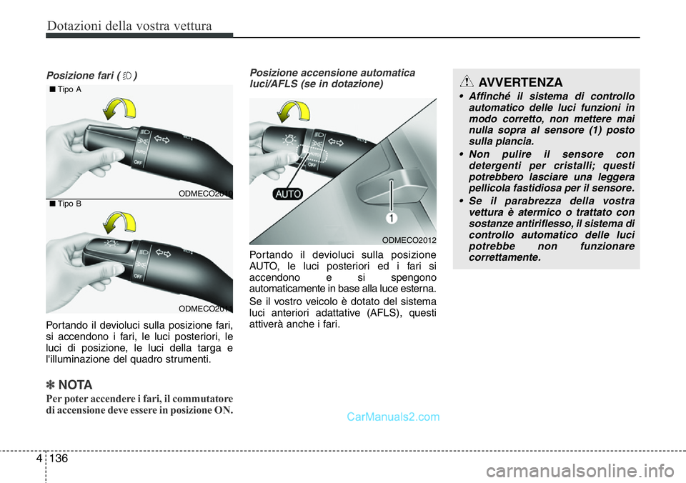 Hyundai Santa Fe 2015 Manuale del proprietario (in Italian) Dotazioni della vostra vettura
136 4
Posizione fari ( )
Portando il devioluci sulla posizione fari,
si accendono i fari, le luci posteriori, le
luci di posizione, le luci della targa e
l'illuminaz Hyundai Santa Fe 2015 Manuale del proprietario (in Italian) Dotazioni della vostra vettura
136 4
Posizione fari ( )
Portando il devioluci sulla posizione fari,
si accendono i fari, le luci posteriori, le
luci di posizione, le luci della targa e
l'illuminaz