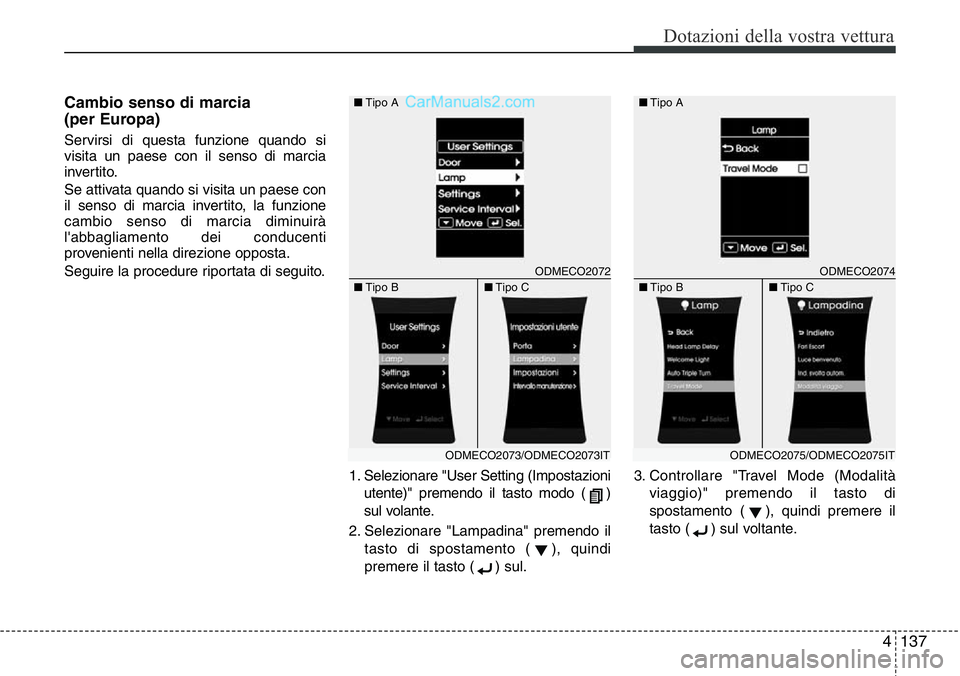 Hyundai Santa Fe 2015 Manuale del proprietario (in Italian) 4137
Dotazioni della vostra vettura
Cambio senso di marcia
(per Europa)
Servirsi di questa funzione quando si
visita un paese con il senso di marcia
invertito.
Se attivata quando si visita un paese c Hyundai Santa Fe 2015 Manuale del proprietario (in Italian) 4137
Dotazioni della vostra vettura
Cambio senso di marcia
(per Europa)
Servirsi di questa funzione quando si
visita un paese con il senso di marcia
invertito.
Se attivata quando si visita un paese c
