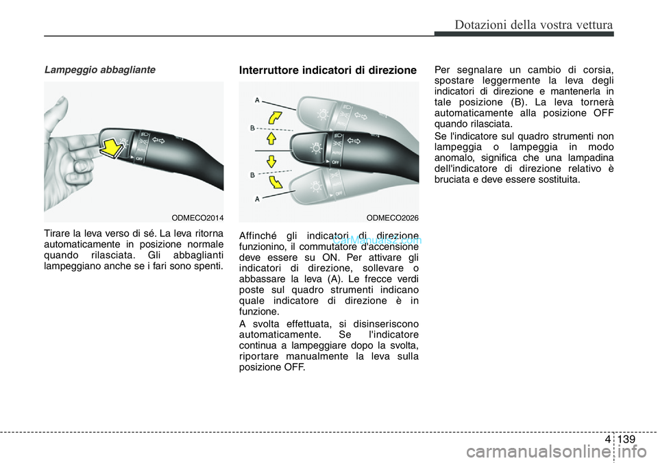 Hyundai Santa Fe 2015 Manuale del proprietario (in Italian) 4139
Dotazioni della vostra vettura
Lampeggio abbagliante
Tirare la leva verso di sé. La leva ritorna
automaticamente in posizione normale
quando rilasciata. Gli abbaglianti
lampeggiano anche se i fa Hyundai Santa Fe 2015 Manuale del proprietario (in Italian) 4139
Dotazioni della vostra vettura
Lampeggio abbagliante
Tirare la leva verso di sé. La leva ritorna
automaticamente in posizione normale
quando rilasciata. Gli abbaglianti
lampeggiano anche se i fa
