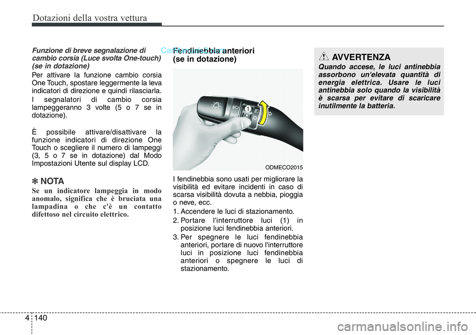 Hyundai Santa Fe 2015 Manuale del proprietario (in Italian) Dotazioni della vostra vettura
140 4
Funzione di breve segnalazione di
cambio corsia (Luce svolta One-touch)
(se in dotazione)
Per attivare la funzione cambio corsia
One Touch, spostare leggermente l Hyundai Santa Fe 2015 Manuale del proprietario (in Italian) Dotazioni della vostra vettura
140 4
Funzione di breve segnalazione di
cambio corsia (Luce svolta One-touch)
(se in dotazione)
Per attivare la funzione cambio corsia
One Touch, spostare leggermente l