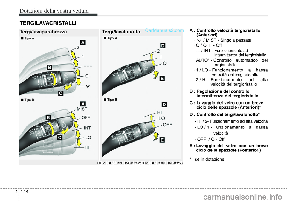 Hyundai Santa Fe 2015 Manuale del proprietario (in Italian) Dotazioni della vostra vettura
144 4
A : Controllo velocità tergicristallo
(Anteriori)
· / MIST - Singola passata
· O / OFF - Off
· --- / INT
- Funzionamento ad
intermittenza del tergicristallo
Hyundai Santa Fe 2015 Manuale del proprietario (in Italian) Dotazioni della vostra vettura
144 4
A : Controllo velocità tergicristallo
(Anteriori)
· / MIST - Singola passata
· O / OFF - Off
· --- / INT
- Funzionamento ad
intermittenza del tergicristallo