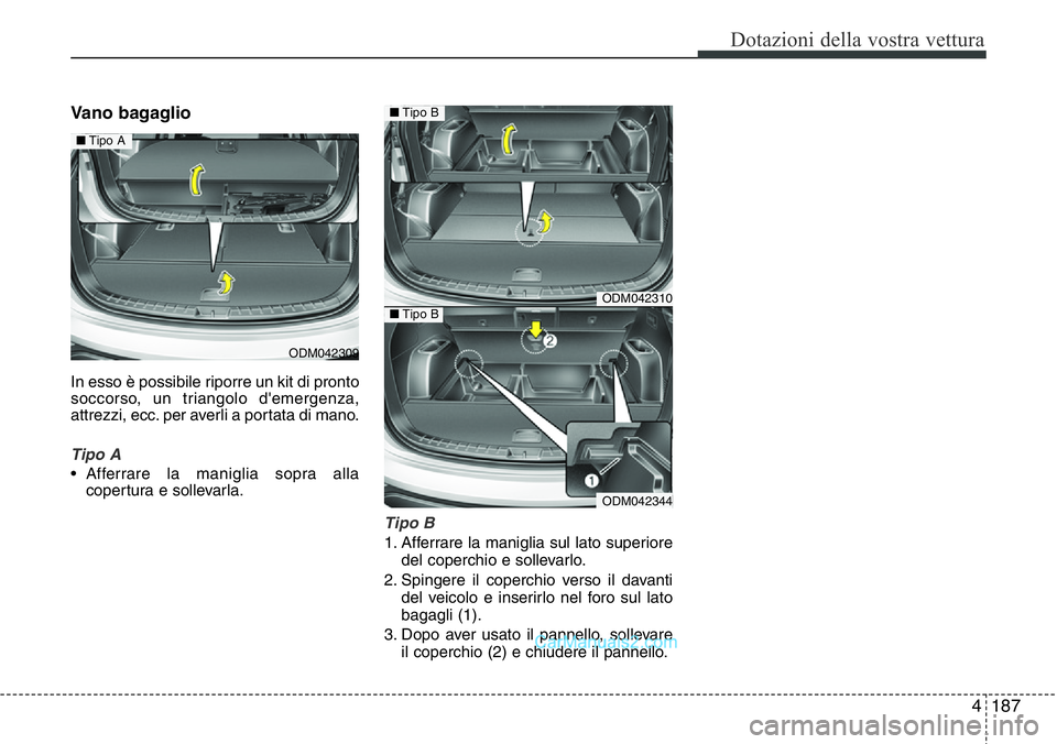 Hyundai Santa Fe 2015  Manuale del proprietario (in Italian) 4187
Dotazioni della vostra vettura
Vano bagaglio 
In esso è possibile riporre un kit di pronto
soccorso, un triangolo d'emergenza,
attrezzi, ecc. per averli a portata di mano.
Tipo A
• Afferra