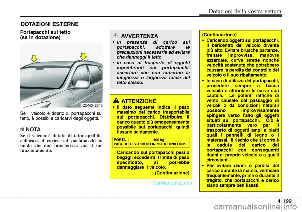 Hyundai Santa Fe 2015 Manuale del proprietario (in Italian) 4199
Dotazioni della vostra vettura
Portapacchi sul tetto
(se in dotazione)
Se il veicolo è dotato di portapacchi sul
tetto, è possibile caricarvi degli oggetti.
✽NOTA
Se il veicolo è dotato di Hyundai Santa Fe 2015 Manuale del proprietario (in Italian) 4199
Dotazioni della vostra vettura
Portapacchi sul tetto
(se in dotazione)
Se il veicolo è dotato di portapacchi sul
tetto, è possibile caricarvi degli oggetti.
✽NOTA
Se il veicolo è dotato di