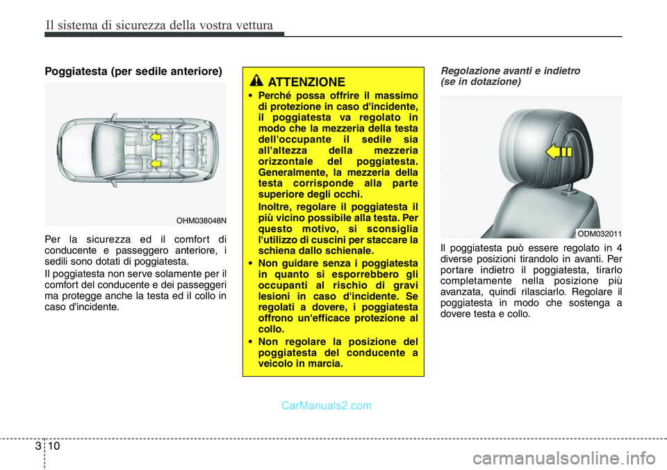 Hyundai Santa Fe 2015 Manuale del proprietario (in Italian) Il sistema di sicurezza della vostra vettura
10 3
Poggiatesta (per sedile anteriore)
Per la sicurezza ed il comfort di
conducente e passeggero anteriore, i
sedili sono dotati di poggiatesta.
Il poggia Hyundai Santa Fe 2015 Manuale del proprietario (in Italian) Il sistema di sicurezza della vostra vettura
10 3
Poggiatesta (per sedile anteriore)
Per la sicurezza ed il comfort di
conducente e passeggero anteriore, i
sedili sono dotati di poggiatesta.
Il poggia