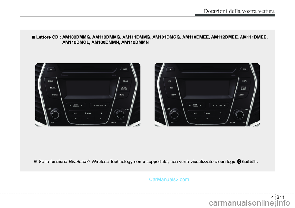 Hyundai Santa Fe 2015 Manuale del proprietario (in Italian) 4 211
Dotazioni della vostra vettura
■ Lettore CD : AM100DMMG, AM110DMMG, AM111DMMG, AM101DMGG, AM110DMEE, AM112DMEE, AM111DMEE,
AM110DMGL, AM100DMMN, AM110DMMN
❋Se la funzione
Bluetooth®Wireles Hyundai Santa Fe 2015 Manuale del proprietario (in Italian) 4 211
Dotazioni della vostra vettura
■ Lettore CD : AM100DMMG, AM110DMMG, AM111DMMG, AM101DMGG, AM110DMEE, AM112DMEE, AM111DMEE,
AM110DMGL, AM100DMMN, AM110DMMN
❋Se la funzione
Bluetooth®Wireles