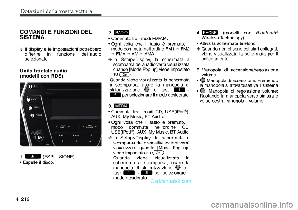 Hyundai Santa Fe 2015  Manuale del proprietario (in Italian) Dotazioni della vostra vettura
212 4
COMANDI E FUNZIONI DEL
SISTEMA
❈ Il display e le impostazioni potrebbero
differire in funzione dell'audio
selezionato.
Unità frontale audio 
(modelli con RD