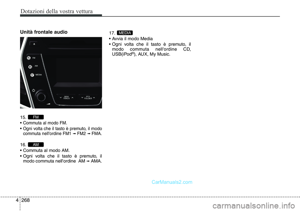 Hyundai Santa Fe 2015  Manuale del proprietario (in Italian) Dotazioni della vostra vettura
268 4
Unità frontale audio 
15.
• 
Commuta al modo FM.
• Ogni volta che il tasto è premuto, il modo
commuta nell'ordine FM1 ➟ FM2➟ FMA.
16.
• Commuta al 
