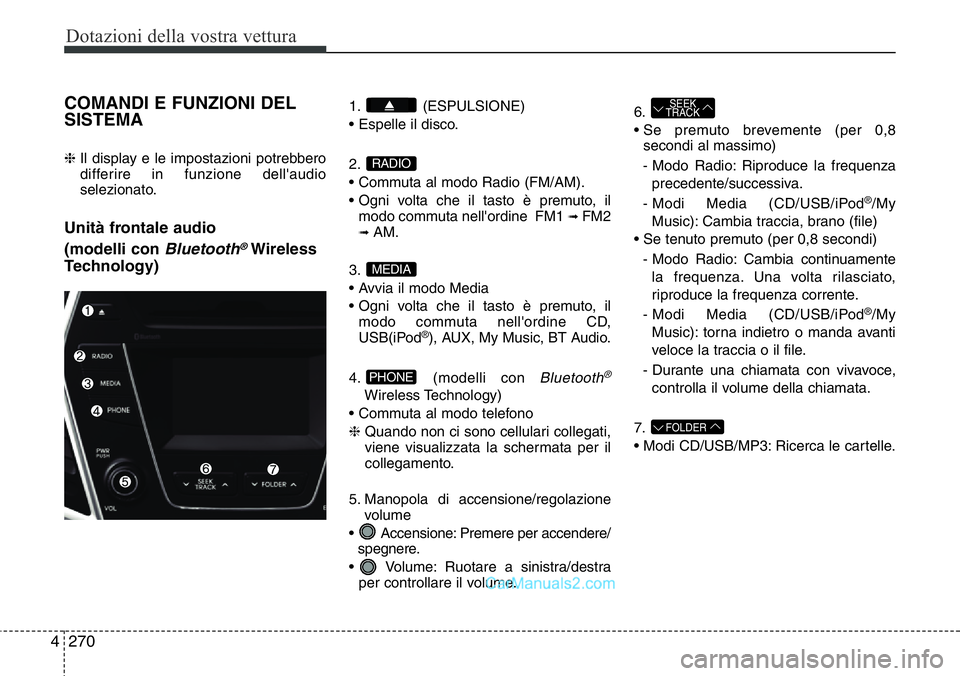 Hyundai Santa Fe 2015  Manuale del proprietario (in Italian) Dotazioni della vostra vettura
270 4
COMANDI E FUNZIONI DEL
SISTEMA
❈ Il display e le impostazioni potrebbero
differire in funzione dell'audio
selezionato.
Unità frontale audio 
(modelli con 
B
