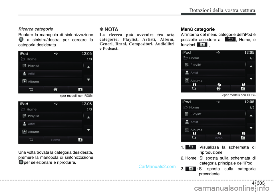 Hyundai Santa Fe 2015  Manuale del proprietario (in Italian) 4 303
Dotazioni della vostra vettura
Ricerca categorie
Ruotare la manopola di sintonizzazione
a sinistra/destra per cercare la
categoria desiderata.
<per modelli con RDS>
Una volta trovata la categori
