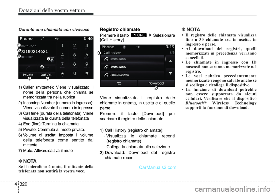 Hyundai Santa Fe 2015 Manuale del proprietario (in Italian) Dotazioni della vostra vettura
320 4
Durante una chiamata con vivavoce
1) Caller (mittente): Viene visualizzato il
nome della persona che chiama se
memorizzata tra nella rubrica
2) Incoming Number (nu Hyundai Santa Fe 2015 Manuale del proprietario (in Italian) Dotazioni della vostra vettura
320 4
Durante una chiamata con vivavoce
1) Caller (mittente): Viene visualizzato il
nome della persona che chiama se
memorizzata tra nella rubrica
2) Incoming Number (nu