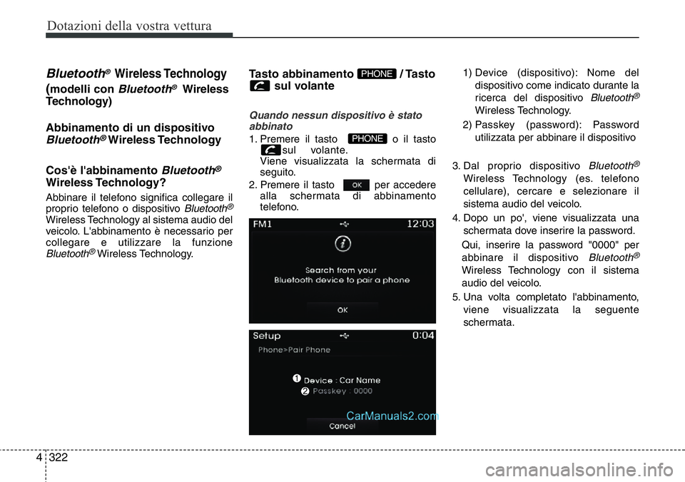 Hyundai Santa Fe 2015 Manuale del proprietario (in Italian) Dotazioni della vostra vettura
322 4
Bluetooth® Wireless Technology
(modelli con Bluetooth®Wireless
Technology)
Abbinamento di un dispositivo
Bluetooth®Wireless Technology
Cos'è l'abbiname Hyundai Santa Fe 2015 Manuale del proprietario (in Italian) Dotazioni della vostra vettura
322 4
Bluetooth® Wireless Technology
(modelli con Bluetooth®Wireless
Technology)
Abbinamento di un dispositivo
Bluetooth®Wireless Technology
Cos'è l'abbiname