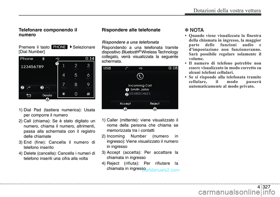 Hyundai Santa Fe 2015  Manuale del proprietario (in Italian) 4 327
Dotazioni della vostra vettura
Telefonare componendo il
numero
Premere il tasto  Selezionare
[Dial Number]
1) Dial Pad (tastiera numerica): Usata
per comporre il numero
2) Call (chiama): Se è s