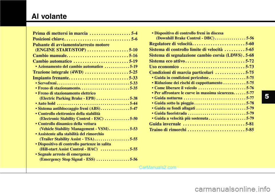 Hyundai Santa Fe 2015  Manuale del proprietario (in Italian) Al volante
Prima di mettersi in marcia . . . . . . . . . . . . . . . . . . 5-4
Posizioni chiave . . . . . . . . . . . . . . . . . . . . . . . . . . . . . 5-6
Pulsante di avviamento/arresto motore 
(EN