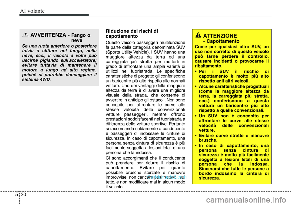 Hyundai Santa Fe 2015 Manuale del proprietario (in Italian) Al volante
30 5
Riduzione dei rischi di
capottamento
Questo veicolo passeggeri multifunzione
fa parte della categoria denominata SUV
(Sports Utility Vehicle). I SUV hanno una
maggiore altezza da terra Hyundai Santa Fe 2015 Manuale del proprietario (in Italian) Al volante
30 5
Riduzione dei rischi di
capottamento
Questo veicolo passeggeri multifunzione
fa parte della categoria denominata SUV
(Sports Utility Vehicle). I SUV hanno una
maggiore altezza da terra
