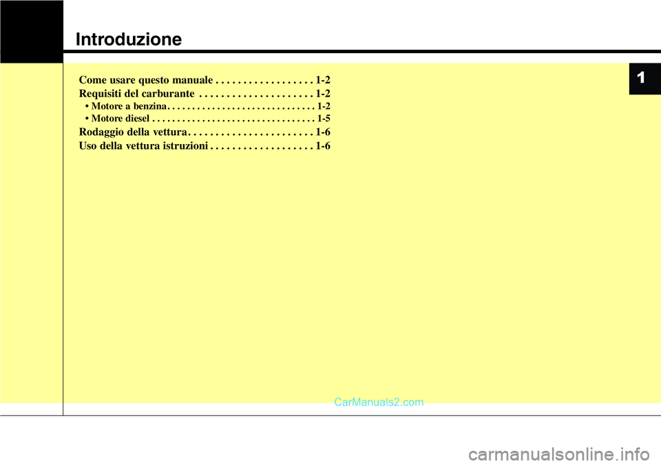 Hyundai Santa Fe 2015  Manuale del proprietario (in Italian) Introduzione
Come usare questo manuale . . . . . . . . . . . . . . . . . . 1-2
Requisiti del carburante . . . . . . . . . . . . . . . . . . . . . 1-2
• Motore a benzina . . . . . . . . . . . . . . .