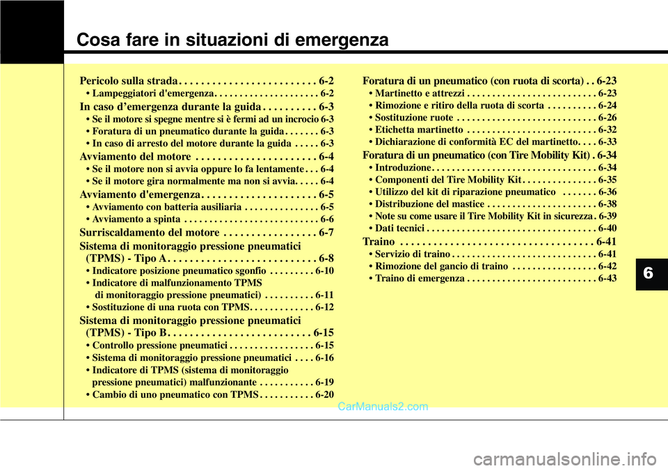 Hyundai Santa Fe 2015  Manuale del proprietario (in Italian) Cosa fare in situazioni di emergenza
Pericolo sulla strada . . . . . . . . . . . . . . . . . . . . . . . . . 6-2
• Lampeggiatori d'emergenza . . . . . . . . . . . . . . . . . . . . . 6-2
In caso
