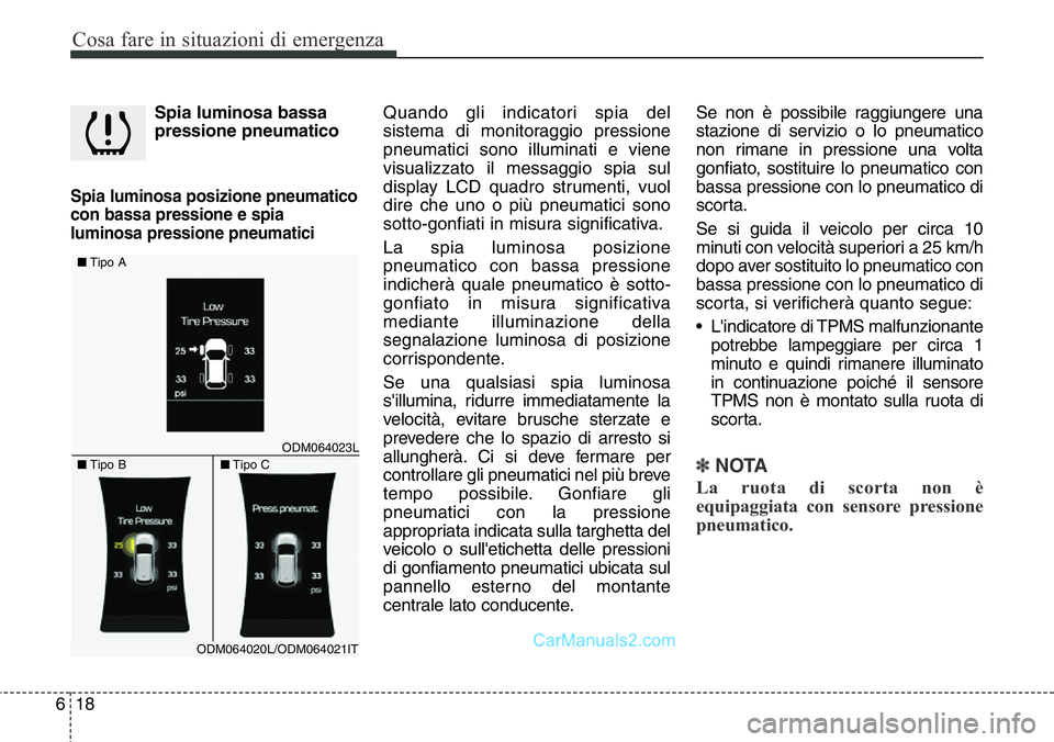 Hyundai Santa Fe 2015 Manuale del proprietario (in Italian) Cosa fare in situazioni di emergenza
18 6
Spia luminosa bassa
pressione pneumatico
Spia luminosa posizione pneumatico
con bassa pressione e spia
luminosa pressione pneumatici
Quando gli indicatori s Hyundai Santa Fe 2015 Manuale del proprietario (in Italian) Cosa fare in situazioni di emergenza
18 6
Spia luminosa bassa
pressione pneumatico
Spia luminosa posizione pneumatico
con bassa pressione e spia
luminosa pressione pneumatici
Quando gli indicatori s