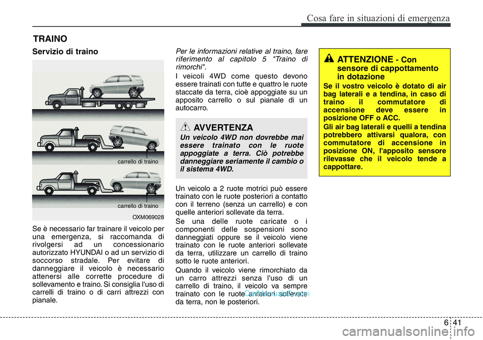 Hyundai Santa Fe 2015 Manuale del proprietario (in Italian) 641
Cosa fare in situazioni di emergenza
TRAINO
Servizio di traino
Se è necessario far trainare il veicolo per
una emergenza, si raccomanda di
rivolgersi ad un concessionario
autorizzato HYUNDAI o ad Hyundai Santa Fe 2015 Manuale del proprietario (in Italian) 641
Cosa fare in situazioni di emergenza
TRAINO
Servizio di traino
Se è necessario far trainare il veicolo per
una emergenza, si raccomanda di
rivolgersi ad un concessionario
autorizzato HYUNDAI o ad