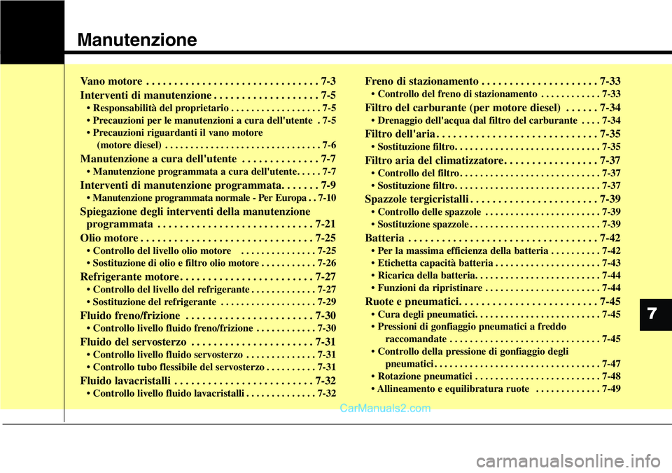 Hyundai Santa Fe 2015 Manuale del proprietario (in Italian) Manutenzione
Vano motore . . . . . . . . . . . . . . . . . . . . . . . . . . . . . . . 7-3
Interventi di manutenzione . . . . . . . . . . . . . . . . . . . 7-5
• Responsabilità del proprietario . . Hyundai Santa Fe 2015 Manuale del proprietario (in Italian) Manutenzione
Vano motore . . . . . . . . . . . . . . . . . . . . . . . . . . . . . . . 7-3
Interventi di manutenzione . . . . . . . . . . . . . . . . . . . 7-5
• Responsabilità del proprietario . .