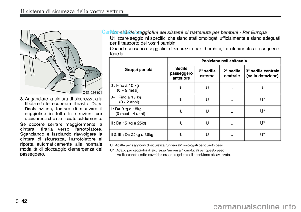 Hyundai Santa Fe 2015 Manuale del proprietario (in Italian) Il sistema di sicurezza della vostra vettura
42 3
3. Agganciare la cintura di sicurezza alla
fibbia e farle recuperare il nastro. Dopo
l'installazione, tentare di muovere il
seggiolino in tutte le Hyundai Santa Fe 2015 Manuale del proprietario (in Italian) Il sistema di sicurezza della vostra vettura
42 3
3. Agganciare la cintura di sicurezza alla
fibbia e farle recuperare il nastro. Dopo
l'installazione, tentare di muovere il
seggiolino in tutte le