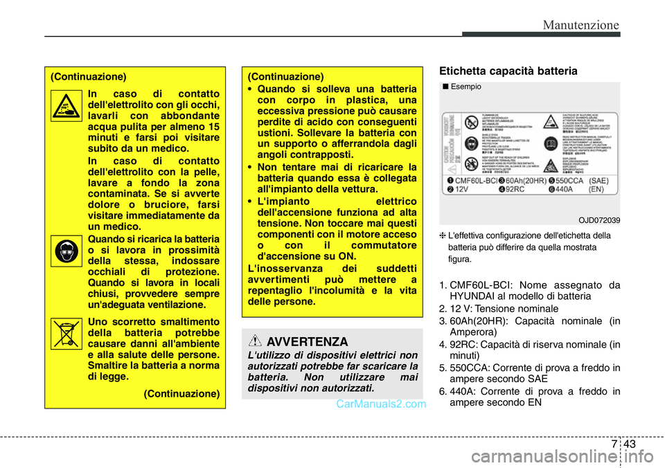 Hyundai Santa Fe 2015 Manuale del proprietario (in Italian) 743
Manutenzione
Etichetta capacità batteria
❈L'effettiva configurazione dell'etichetta della
batteria può differire da quella mostrata
figura.
1. CMF60L-BCI: Nome assegnato da
HYUNDAI al Hyundai Santa Fe 2015 Manuale del proprietario (in Italian) 743
Manutenzione
Etichetta capacità batteria
❈L'effettiva configurazione dell'etichetta della
batteria può differire da quella mostrata
figura.
1. CMF60L-BCI: Nome assegnato da
HYUNDAI al