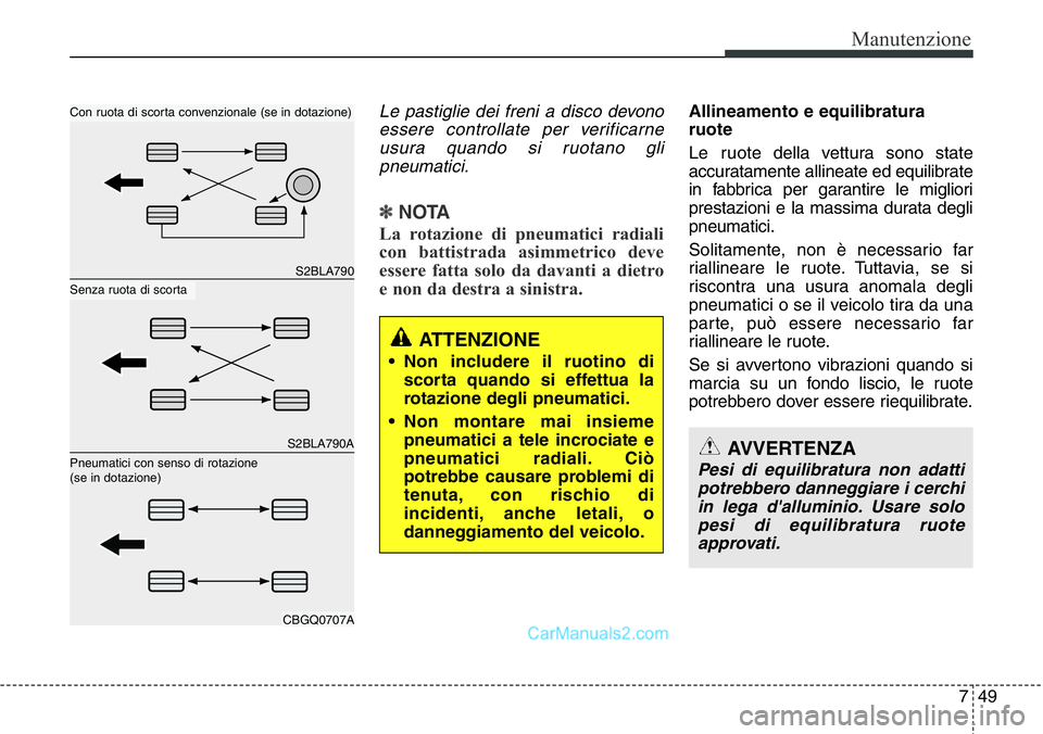 Hyundai Santa Fe 2015 Manuale del proprietario (in Italian) 749
Manutenzione
Le pastiglie dei freni a disco devono
essere controllate per verificarne
usura quando si ruotano gli
pneumatici.
✽NOTA
La rotazione di pneumatici radiali
con battistrada asimmetrico Hyundai Santa Fe 2015 Manuale del proprietario (in Italian) 749
Manutenzione
Le pastiglie dei freni a disco devono
essere controllate per verificarne
usura quando si ruotano gli
pneumatici.
✽NOTA
La rotazione di pneumatici radiali
con battistrada asimmetrico
