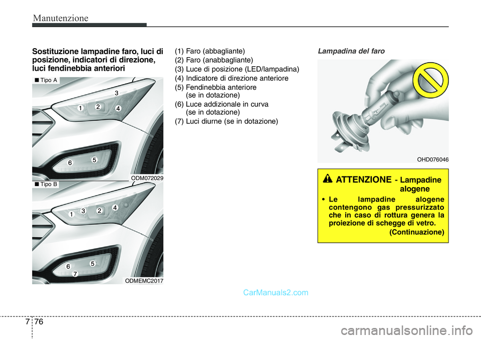 Hyundai Santa Fe 2015 Manuale del proprietario (in Italian) Manutenzione
76 7
Sostituzione lampadine faro, luci di
posizione, indicatori di direzione,
luci fendinebbia anteriori(1) Faro (abbagliante)
(2) Faro (anabbagliante)
(3) Luce di posizione (LED/lampadin Hyundai Santa Fe 2015 Manuale del proprietario (in Italian) Manutenzione
76 7
Sostituzione lampadine faro, luci di
posizione, indicatori di direzione,
luci fendinebbia anteriori(1) Faro (abbagliante)
(2) Faro (anabbagliante)
(3) Luce di posizione (LED/lampadin