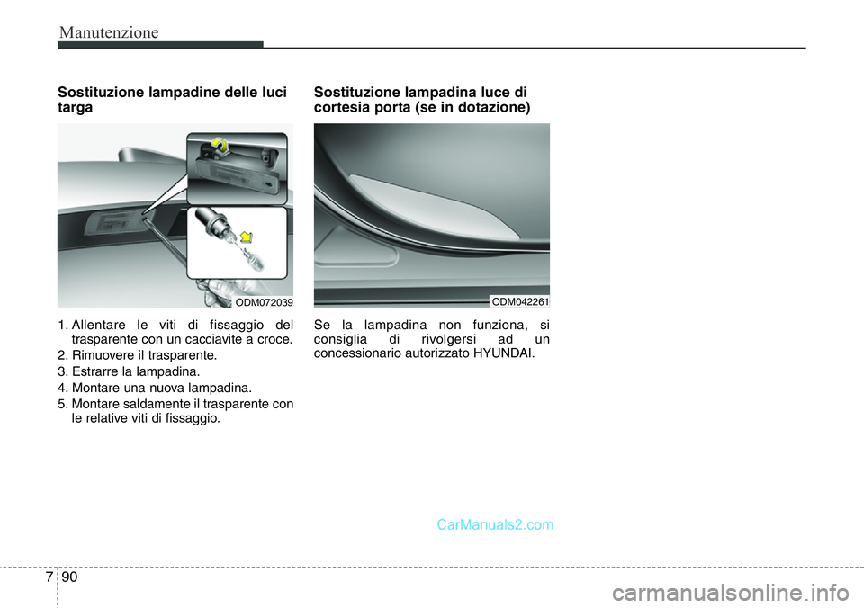 Hyundai Santa Fe 2015 Manuale del proprietario (in Italian) Manutenzione
90 7
Sostituzione lampadine delle luci
targa
1. Allentare le viti di fissaggio del
trasparente con un cacciavite a croce.
2. Rimuovere il trasparente.
3. Estrarre la lampadina.
4. Montare Hyundai Santa Fe 2015 Manuale del proprietario (in Italian) Manutenzione
90 7
Sostituzione lampadine delle luci
targa
1. Allentare le viti di fissaggio del
trasparente con un cacciavite a croce.
2. Rimuovere il trasparente.
3. Estrarre la lampadina.
4. Montare