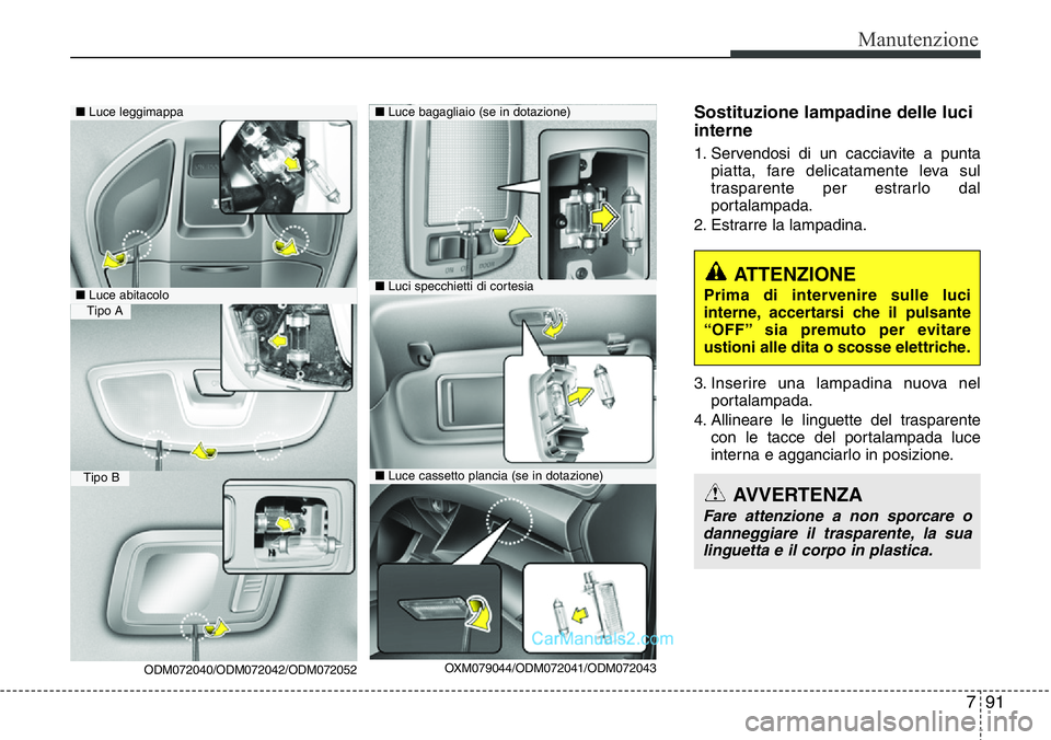 Hyundai Santa Fe 2015 Manuale del proprietario (in Italian) 791
Manutenzione
Sostituzione lampadine delle luci
interne
1. Servendosi di un cacciavite a punta
piatta, fare delicatamente leva sul
trasparente per estrarlo dal
portalampada.
2. Estrarre la lampadin Hyundai Santa Fe 2015 Manuale del proprietario (in Italian) 791
Manutenzione
Sostituzione lampadine delle luci
interne
1. Servendosi di un cacciavite a punta
piatta, fare delicatamente leva sul
trasparente per estrarlo dal
portalampada.
2. Estrarre la lampadin