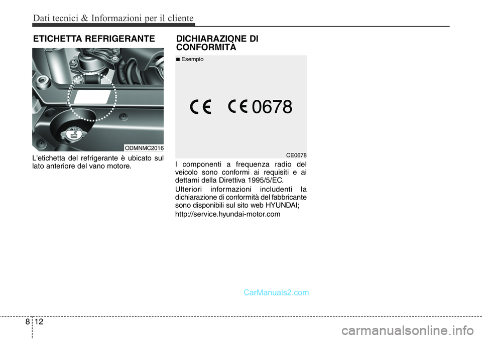 Hyundai Santa Fe 2015  Manuale del proprietario (in Italian) L'etichetta del refrigerante è ubicato sul
lato anteriore del vano motore.I componenti a frequenza radio del
veicolo sono conformi ai requisiti e ai
dettami della Direttiva 1995/5/EC.
Ulteriori i