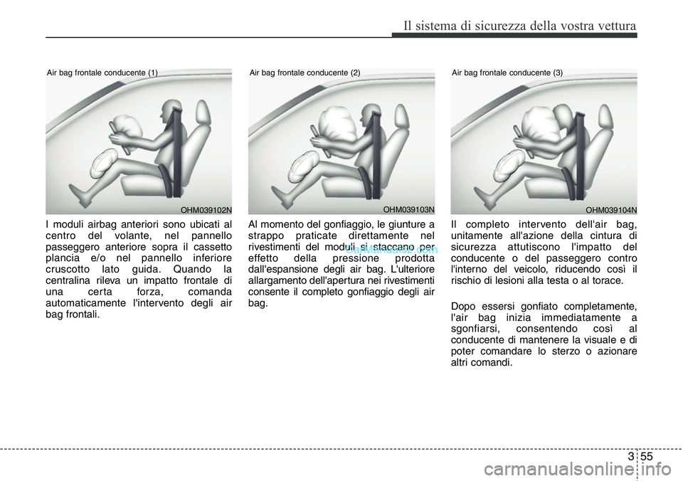 Hyundai Santa Fe 2015  Manuale del proprietario (in Italian) 355
Il sistema di sicurezza della vostra vettura
I moduli airbag anteriori sono ubicati al
centro del volante, nel pannello
passeggero anteriore sopra il cassetto
plancia e/o nel pannello inferiore
cr