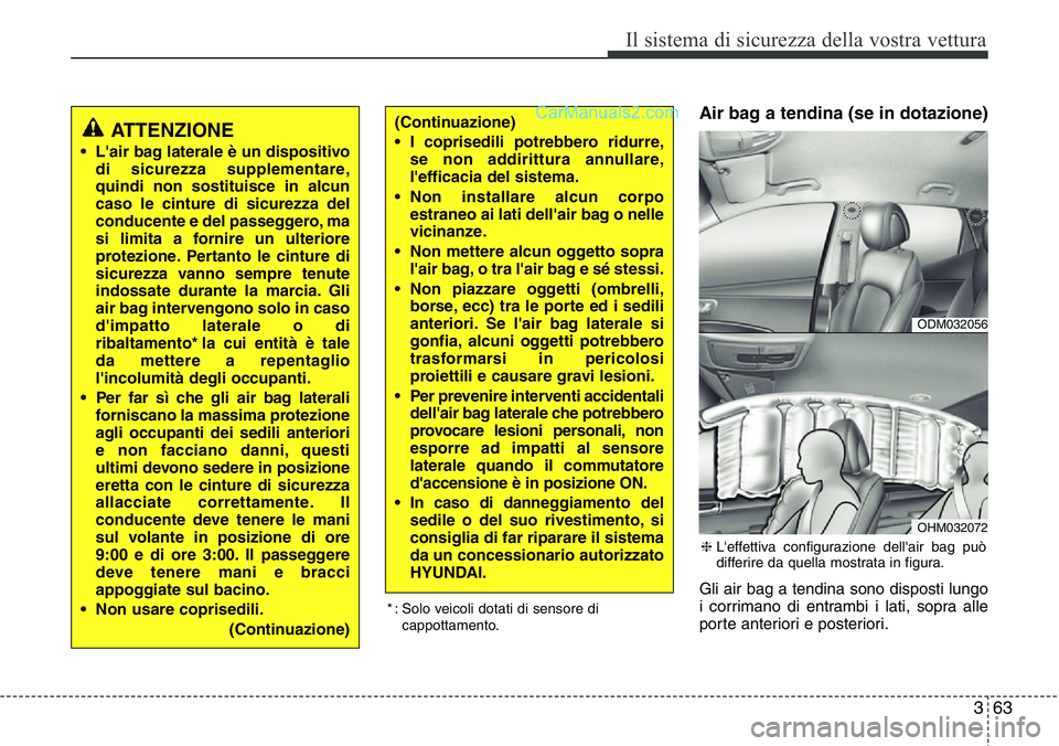 Hyundai Santa Fe 2015  Manuale del proprietario (in Italian) 363
Il sistema di sicurezza della vostra vettura
Air bag a tendina (se in dotazione)
Gli air bag a tendina sono disposti lungo
i corrimano di entrambi i lati, sopra alle
porte anteriori e posteriori.
