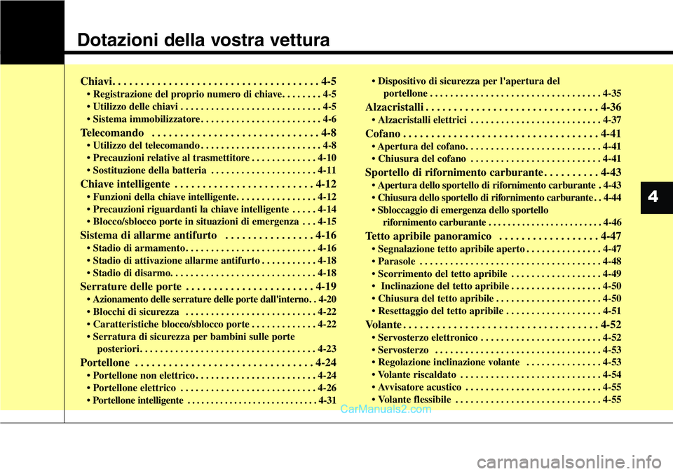 Hyundai Santa Fe 2015 Manuale del proprietario (in Italian) Dotazioni della vostra vettura
Chiavi. . . . . . . . . . . . . . . . . . . . . . . . . . . . . . . . . . . . . 4-5
• Registrazione del proprio numero di chiave. . . . . . . . 4-5
• Utilizzo delle Hyundai Santa Fe 2015 Manuale del proprietario (in Italian) Dotazioni della vostra vettura
Chiavi. . . . . . . . . . . . . . . . . . . . . . . . . . . . . . . . . . . . . 4-5
• Registrazione del proprio numero di chiave. . . . . . . . 4-5
• Utilizzo delle