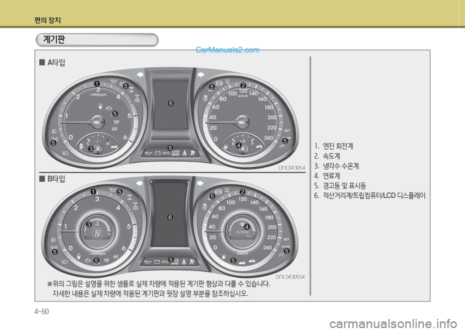 Hyundai Santa Fe 2015  싼타페 DM - 사용 설명서 (in Korean) 편의 장치 4-작0
소.   엔진  회전계
속 .  . L계
3 .  냉