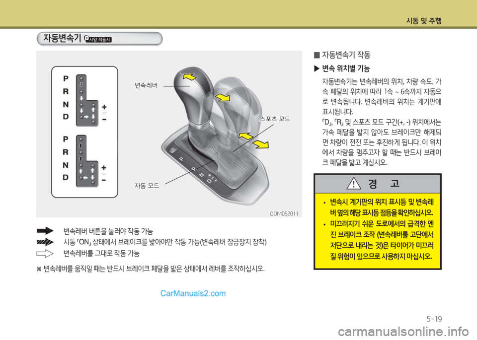 Hyundai Santa Fe 2015  싼타페 DM - 사용 설명서 (in Korean) /d동 및 주B자-소9
※  
변.레버를  움6I일  때는  반드/d  브레이크  페t을  밟은  상=d에-