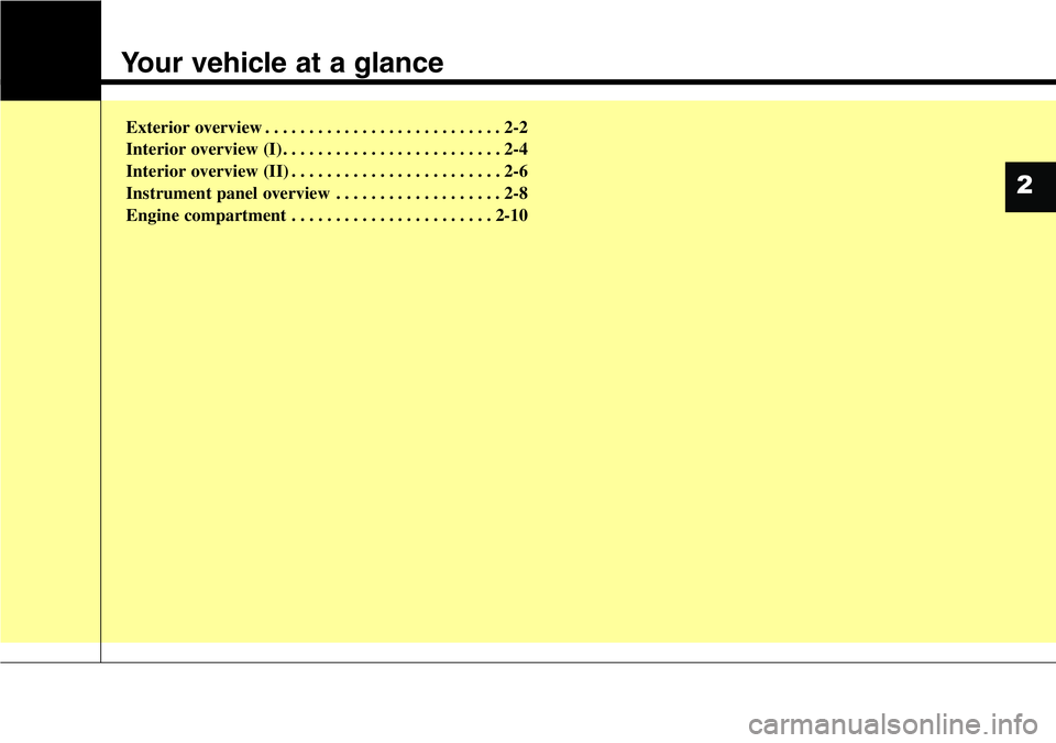 Hyundai Santa Fe 2014 User Guide Your vehicle at a glance
Exterior overview . . . . . . . . . . . . . . . . . . . . . . . . . . . 2-2
Interior overview (I) . . . . . . . . . . . . . . . . . . . . . . . . . 2-4
Interior overview (II) Hyundai Santa Fe 2014 User Guide Your vehicle at a glance
Exterior overview . . . . . . . . . . . . . . . . . . . . . . . . . . . 2-2
Interior overview (I) . . . . . . . . . . . . . . . . . . . . . . . . . 2-4
Interior overview (II)