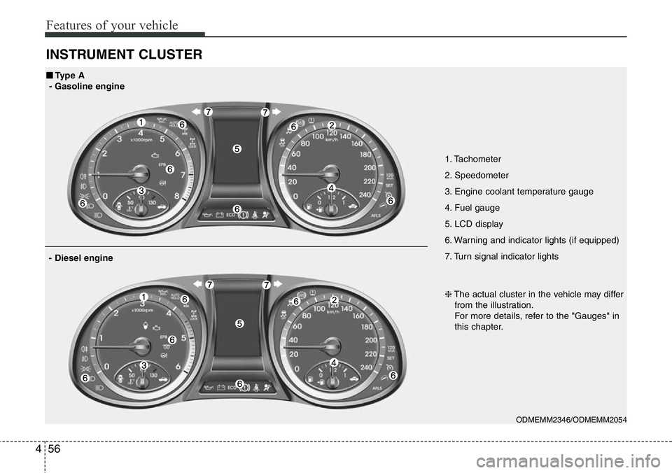 Hyundai Santa Fe 2014 Owners Manual Features of your vehicle
56 4
INSTRUMENT CLUSTER
1. Tachometer
2. Speedometer
3. Engine coolant temperature gauge
4. Fuel gauge
5. LCD display
6. Warning and indicator lights (if equipped)
7. Turn si Hyundai Santa Fe 2014 Owners Manual Features of your vehicle
56 4
INSTRUMENT CLUSTER
1. Tachometer
2. Speedometer
3. Engine coolant temperature gauge
4. Fuel gauge
5. LCD display
6. Warning and indicator lights (if equipped)
7. Turn si