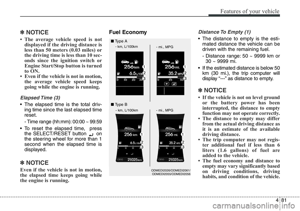 Hyundai Santa Fe 2014  Owners Manual 481
Features of your vehicle
✽NOTICE
• The average vehicle speed is not
displayed if the driving distance is
less than 50 meters (0.03 miles) or
the driving time is less than 10 sec-
onds since th