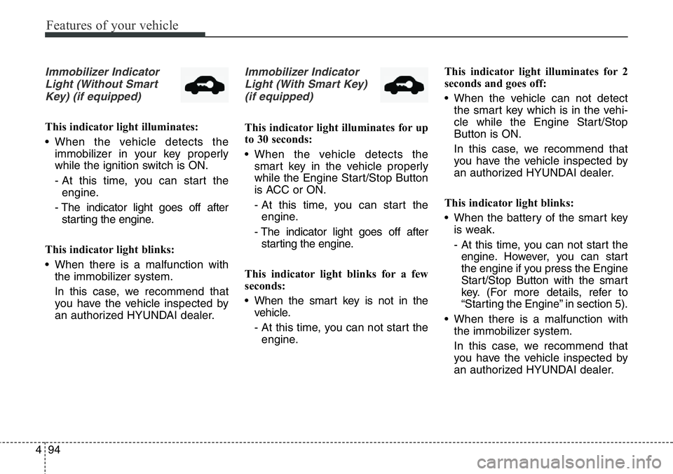 Hyundai Santa Fe 2014  Owners Manual Features of your vehicle
94 4
Immobilizer Indicator
Light (Without Smart
Key) (if equipped)
This indicator light illuminates:
• When the vehicle detects the
immobilizer in your key properly
while th