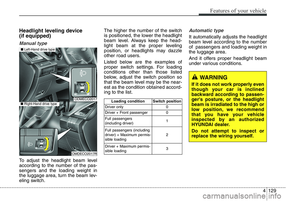 Hyundai Santa Fe 2014 Owners Manual 4129
Features of your vehicle
Headlight leveling device
(if equipped)
Manual type
To adjust the headlight beam level
according to the number of the pas-
sengers and the loading weight in
the luggage Hyundai Santa Fe 2014 Owners Manual 4129
Features of your vehicle
Headlight leveling device
(if equipped)
Manual type
To adjust the headlight beam level
according to the number of the pas-
sengers and the loading weight in
the luggage