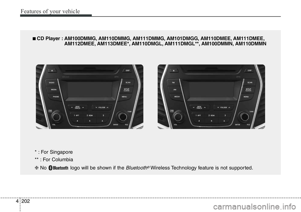Hyundai Santa Fe 2014 Owners Manual Features of your vehicle
202 4
■ CD Player : AM100DMMG, AM110DMMG, AM111DMMG, AM101DMGG, AM110DMEE, AM111DMEE,
AM112DMEE, AM113DMEE*, AM110DMGL, AM111DMGL**, AM100DMMN, AM110DMMN
* : For Singapore
* Hyundai Santa Fe 2014 Owners Manual Features of your vehicle
202 4
■ CD Player : AM100DMMG, AM110DMMG, AM111DMMG, AM101DMGG, AM110DMEE, AM111DMEE,
AM112DMEE, AM113DMEE*, AM110DMGL, AM111DMGL**, AM100DMMN, AM110DMMN
* : For Singapore
*
