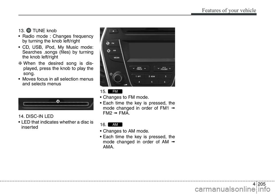 Hyundai Santa Fe 2014 Owners Manual 4205
Features of your vehicle
13. TUNE knob
• Radio mode : Changes frequency
by turning the knob left/right
• CD, USB, iPod, My Music mode:
Searches .songs (files) by turning
the knob left/right
Hyundai Santa Fe 2014 Owners Manual 4205
Features of your vehicle
13. TUNE knob
• Radio mode : Changes frequency
by turning the knob left/right
• CD, USB, iPod, My Music mode:
Searches .songs (files) by turning
the knob left/right