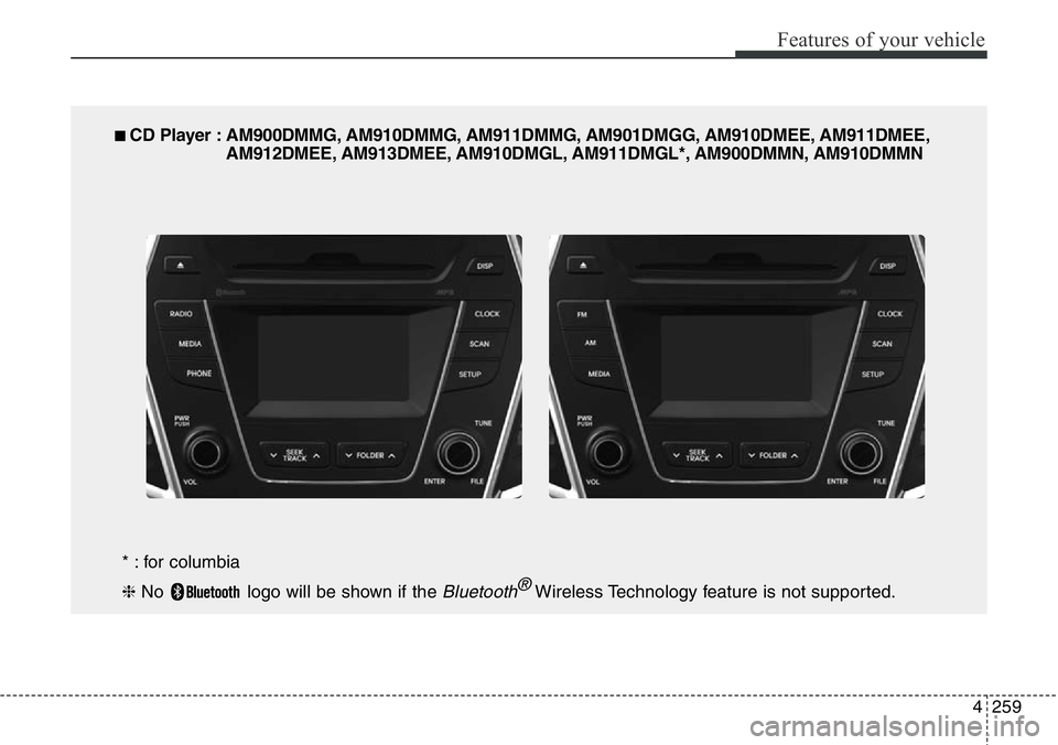 Hyundai Santa Fe 2014 Owners Manual 4259
Features of your vehicle
■ CD Player : AM900DMMG, AM910DMMG, AM911DMMG, AM901DMGG, AM910DMEE, AM911DMEE,
AM912DMEE, AM913DMEE, AM910DMGL, AM911DMGL*, AM900DMMN, AM910DMMN
* : for columbia
❈ N Hyundai Santa Fe 2014 Owners Manual 4259
Features of your vehicle
■ CD Player : AM900DMMG, AM910DMMG, AM911DMMG, AM901DMGG, AM910DMEE, AM911DMEE,
AM912DMEE, AM913DMEE, AM910DMGL, AM911DMGL*, AM900DMMN, AM910DMMN
* : for columbia
❈ N