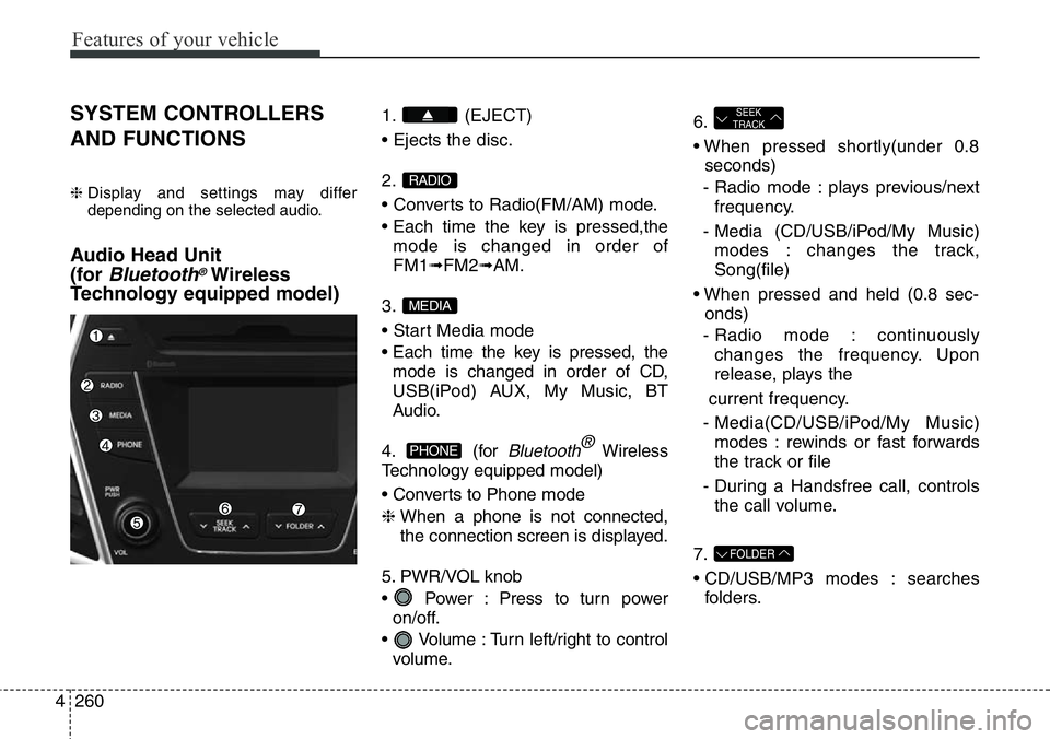 Hyundai Santa Fe 2014 Owners Manual Features of your vehicle
260 4
SYSTEM CONTROLLERS
AND FUNCTIONS
❈ Display and settings may differ
depending on the selected audio.
Audio Head Unit
(for
Bluetooth®Wireless
Technology equipped mode Hyundai Santa Fe 2014 Owners Manual Features of your vehicle
260 4
SYSTEM CONTROLLERS
AND FUNCTIONS
❈ Display and settings may differ
depending on the selected audio.
Audio Head Unit
(for
Bluetooth®Wireless
Technology equipped mode