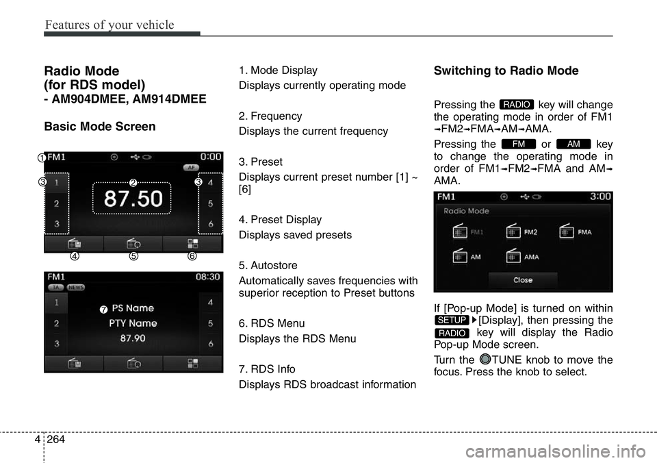 Hyundai Santa Fe 2014 Owners Guide Features of your vehicle
264 4
Radio Mode 
(for RDS model)
- AM904DMEE, AM914DMEE
Basic Mode Screen
1. Mode Display
Displays currently operating mode
2. Frequency
Displays the current frequency
3. Pre