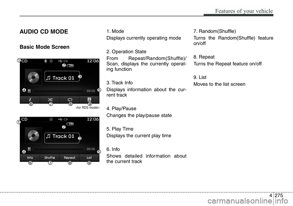 Hyundai Santa Fe 2014 Owners Manual 4 275
Features of your vehicle
AUDIO CD MODE
Basic Mode Screen
<for RDS model>
1. Mode
Displays currently operating mode
2. Operation State
From Repeat/Random(Shuffle)/
Scan, displays the currently op Hyundai Santa Fe 2014 Owners Manual 4 275
Features of your vehicle
AUDIO CD MODE
Basic Mode Screen
<for RDS model>
1. Mode
Displays currently operating mode
2. Operation State
From Repeat/Random(Shuffle)/
Scan, displays the currently op