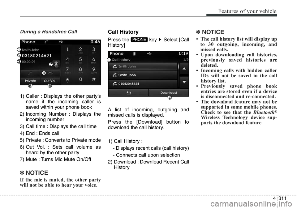Hyundai Santa Fe 2014 Owners Manual 4311
Features of your vehicle
During a Handsfree Call
1) Caller : Displays the other party’s
name if the incoming caller is
saved within your phone book
2) Incoming Number : Displays the
incoming nu Hyundai Santa Fe 2014 Owners Manual 4311
Features of your vehicle
During a Handsfree Call
1) Caller : Displays the other party’s
name if the incoming caller is
saved within your phone book
2) Incoming Number : Displays the
incoming nu