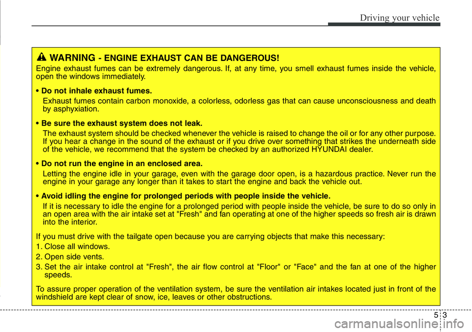 Hyundai Santa Fe 2014  Owners Manual 53
Driving your vehicle
WARNING- ENGINE EXHAUST CAN BE DANGEROUS!
Engine exhaust fumes can be extremely dangerous. If, at any time, you smell exhaust fumes inside the vehicle,
open the windows immedia